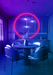 Pink glowing circle. Illumination of the interior in blue tones.