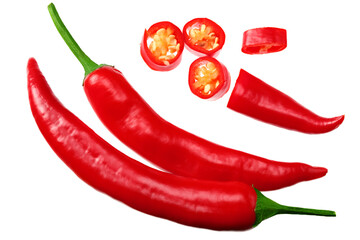 sliced red hot chili peppers isolated on white background top view