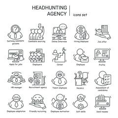 Human resources icons set. Business recruitment and headhunting outline pictogram collection. Simple icons for hr management, employee and employment concept.Linear vector illustration.Editable stroke