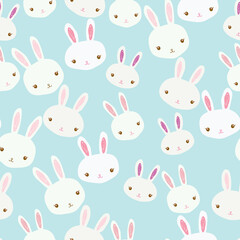 Vector cute colorful bunnies and fun rabbits seamless pattern on sky blue background.