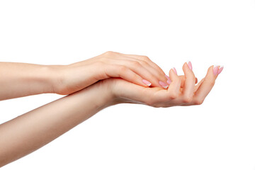 Well-groomed female hands with manicure on white background