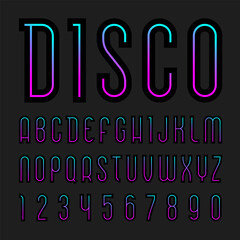 Font name Night Disco. Trendy alphabet, colorful letters on a dark background.