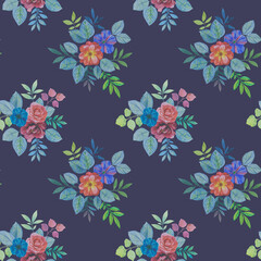 Seamless botanical pattern on a blue background. Hand painted bright flowers. for printing and packaging. Elegant leaves art. Watercolor bouquets on a dark background.