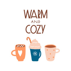 Warm and cozy. Hot drinks card, print or poster