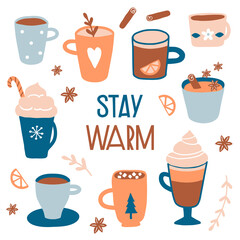 Stay warm. Hot drinks card, print or poster