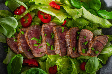 Delicious beef steak with salad