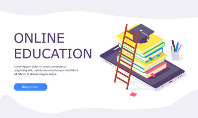 Isometric online education study web template computer learn and book library flat design vector illustration