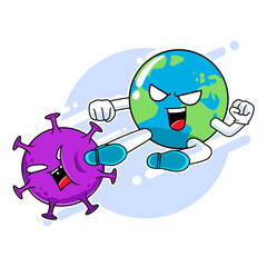 Earth mascot character kicking corona virus, fight against virus concept