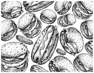 Illustration Wallpaper of Hand Drawn Sketch of Delicious Hamburgers and Hot Dogs Isolated on White Background.