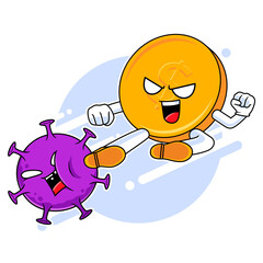 Coin mascot character kicking corona virus, fight against virus concept