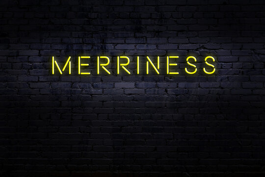 Night view of neon sign on brick wall with inscription merriness