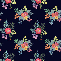 Fototapeta na wymiar Botanical seamless pattern on a blue background. Watercolor drawing of flowers. Background for design, wallpaper, textile, print.