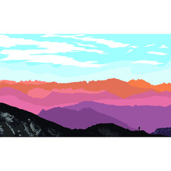 Wide mountain panorama. Small silhouette of tourist with a backpack on a rocky mountain slope with raised hands over a valley covered.  Silhouette of tourist hiker with backpack and trekking sticks. 