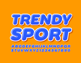 Vector bright emblem Trendy Sport. Blue Glossy Font. Modern ALphabet Letter and Numbers