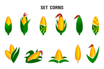 Qualitative original trendy vector set with sweet golden corn. Design elements of a summer farm