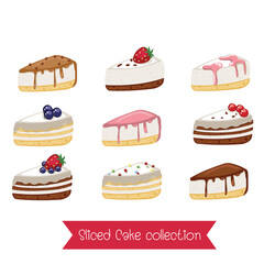 Set of sliced cakes. cartoon Vector illustration.Colorful sweet cakes slices pieces isolated on white background.