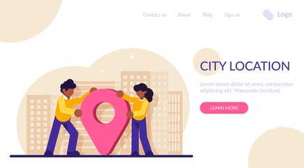 Concept of city location, travel guide, sightseeing, trip navigation. Man and woman standing on street with downtown buildings and map pin. Modern flat vector illustration.