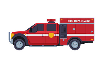 Red Fire Engine, Emergency Service Rescue Vehicle Flat Style Vector Illustration on White Background