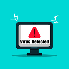 Computer virus warning, red sign, vector illustration on a blue background