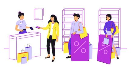 Queue at the checkout. A cheerful young woman is paying at the checkout using an electronic wallet. People in line are sad and tired with a bunch of purchases and huge plastic cards.
