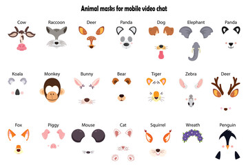 A collection of video chat application effects. A bunch of cute and funny faces or masks of various animals. Colorful vector illustration