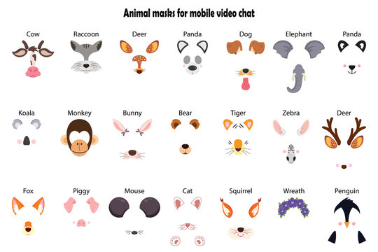 A collection of video chat application effects. A bunch of cute and funny faces or masks of various animals. Colorful vector illustration