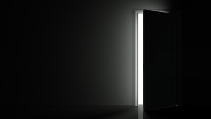 Light shines from door opening in dark room. Close. Fills the space with bright white light. 3D render