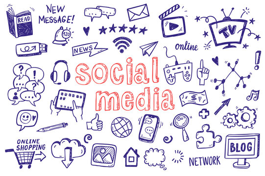 Social Media, digital marketing, internet network icons set. Vector hand drawn isolated objects. Doodle and sketch style .
