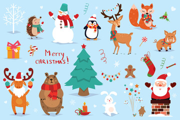 Set of Christmas and New Year elements with animals and Santa. Vector illustration