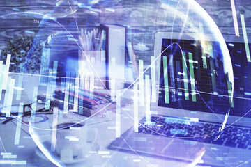 Double exposure of business theme icons and work space with computer background. Concept of success.