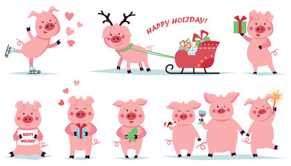 Merry Christmas. Set of funny christmas pigs in various poses. Cute characters in the game. Vector illustration