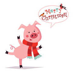 Funny Christmas pig. Greeting card. Merry christmas and a happy new year. Pig in a scarf. Vector illustration