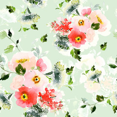 Seamless watercolor pattern with a bouquet of anemone on a mint background - 355459112
