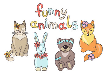 Hand-drawn funny animals, vector illustration