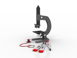 3d rendering Microscope with stethoscope and thermometer