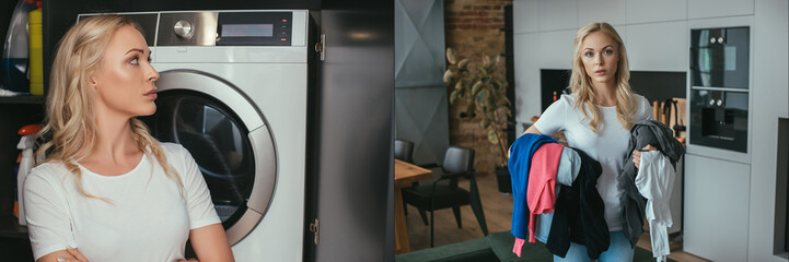 collage of housewife holding laundry and standing near washing machine, horizontal image