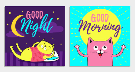 Funny Cartoon vector cat illustrations, Good Night, Morning