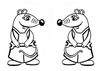 Coloring mouse-worker in overalls with a wrench.