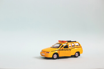 Yellow taxi car model. idea, symbol, concept of urban service and delivery. Mobile online application concept.