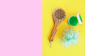 body massage brush, synthetic washcloth and shower gel