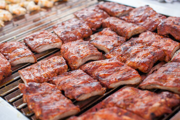 Outdoor picnic scene of bbq with delicious spare ribs on a grill 
