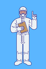 Person wearing protective clothing in guiding pose. Colored vector illustration.