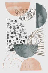 Hand painted abstract watercolor collage composition. Hand painted modern decorative textured spots in pastel pink and gray colors.