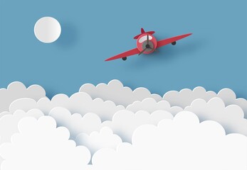 Red cute little airplane flying over clouds in the sky with the sun. Greeting card or tourism business concept, poster. Paper cut out art digital craft style. Vector illustration