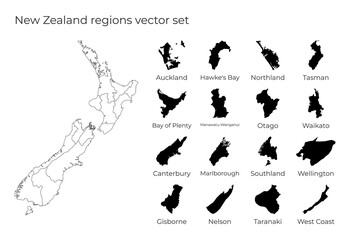 New Zealand map with shapes of regions. Blank vector map of the country with regions. Borders of the country for your infographic. Vector illustration.