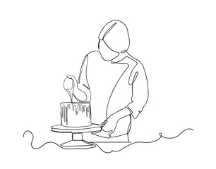One continuous drawing line pastry chef cooks cake in the kitchen.Single hand drawn art line doodle outline isolated minimal illustration flat. One continuous drawing line confectioner