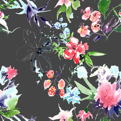 Summertime garden flowers watercolor seamless pattern on black background. Beautiful hand drawn texture.