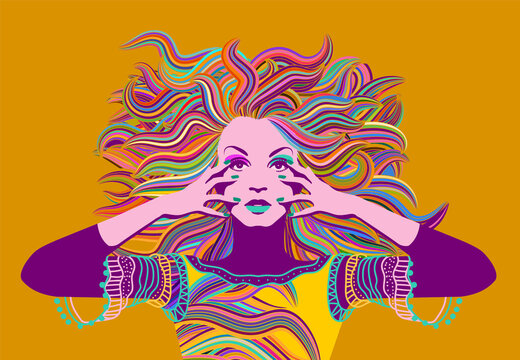 Psychedelic portrait of a hippie woman with colorful hair.  Eps 10 vector