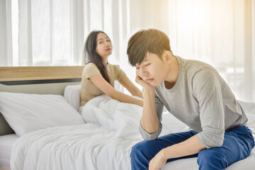 Man women living on bed room social distancing,Husband wife problem relationship