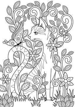 Doodle coloring book page cute cat and butterfly in flowers. Antistress for adult.